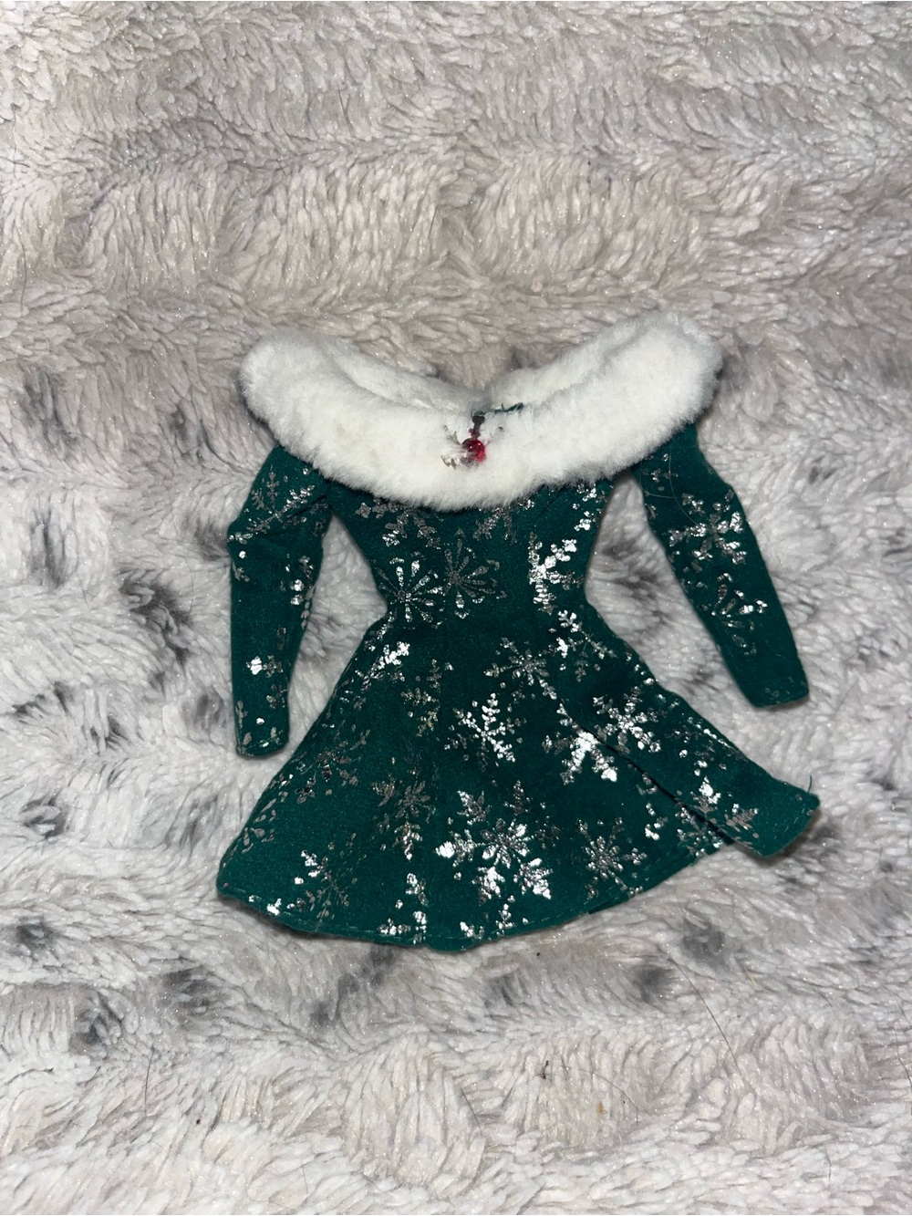 Barbie Green Snowflake Skater Dress with White Faux-Fur Collar